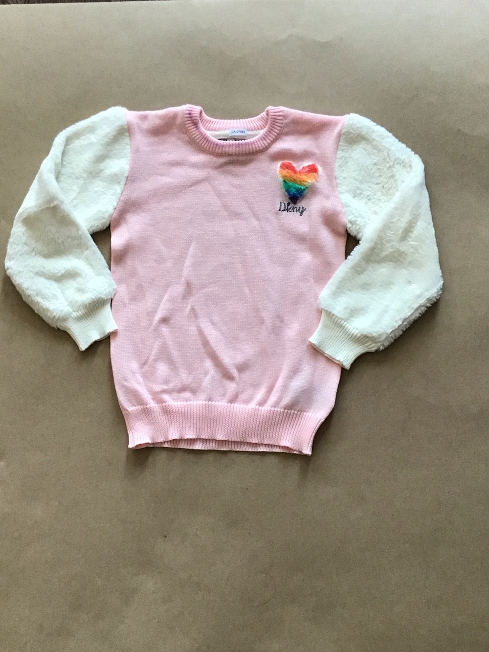 DKNY Pink Sweater with Cream Fuzzy Sleeves and Rainbow Heart Patch